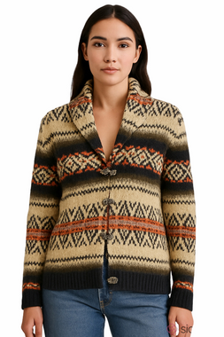 VINTAGE Susan Bristol MEDIUM Cream Fair Isle Metal Clips 💯 WOOL Shawl Cardigan